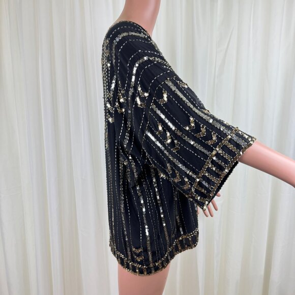 Vintage 80's Three Flaggs 100% Silk Beaded Sequins Blouse Top Sz Large Black - Picture 10 of 13